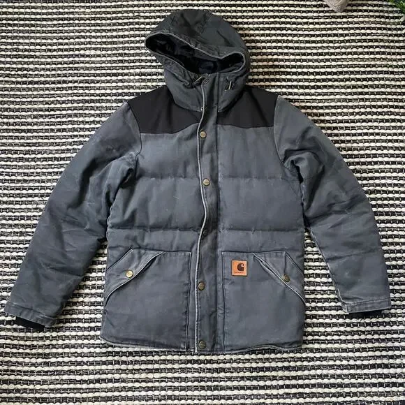 🌿Carhartt Mens Heavy Canvas Gray Black 2 Way Zip Hooded Puffer Douglas Jacket M
